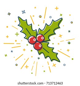 Colored Christmas mistletoe icon in thin line style. Traditional holly berry symbol isolated on white background.