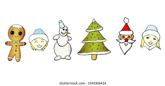 Colored christmas set vector that consists of gingerbread with Christmas tree and snowman with Santa Claus and snow maiden with happy boy. 