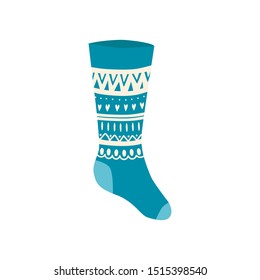 Colored Christmas sock in hand drawn style isolated on white background. Illustration of sock with skandinavian patterns, stripes. vector