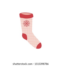 Colored Christmas sock in hand drawn style isolated on white background. Illustration of sock with patterns, stripes, snowflakes. vector