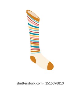 Colored Christmas sock in hand drawn style isolated on white background. Illustration of sock with patterns. vector