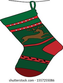 Colored Christmas sock hanging on a rope with a deer pattern