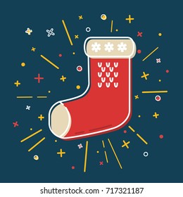 Colored Christmas sock icon in thin line style. Traditional symbol isolated on blue background.