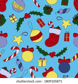 colored Christmas tree decorations, gifts, holly on a blue background, cute winter doodles, vector seamless pattern in doodle style