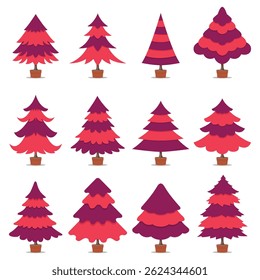 Colored Christmas tree illustrations featuring vibrant red and purple tones, perfect for seasonal decoration, festive designs, holiday-themed designs, art projects, and decorations. 