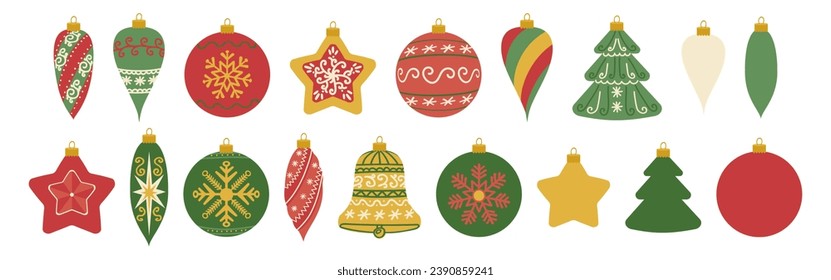 Colored Christmas tree ornaments. Decorative decorations for Christmas and New Year. Christmas ball, star, bell, spruce, icicle. Vector illustration.