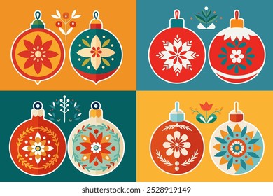 Colored Christmas tree ornaments. Decorative decorations for Christmas and New Year. Christmas ball, star, bell, spruce, icicle. Vector illustration