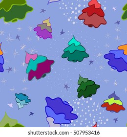 Colored Christmas trees.  Illustration for a  wrapping paper,  wallpaper.  Blue background.   Seamless vector pattern.