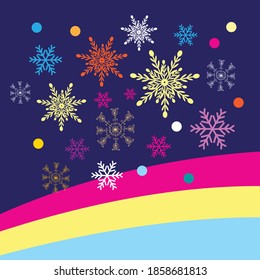 Vector de Navidad de colores, copos de nieve en un fondo azul. Ejemplo de antecedentes de vacaciones de año nuevo para un sitio web o afiche.
