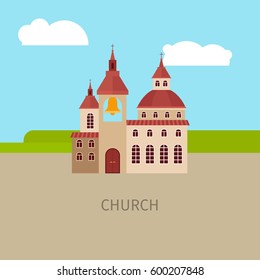 Colored church building with sky and clouds, vector illustration