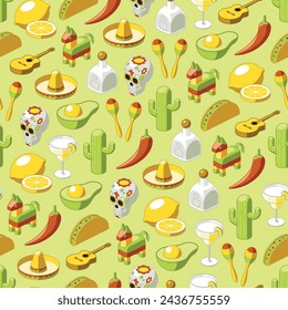 Colored Cinco de Mayo seamless pattern of isometric icons on green background