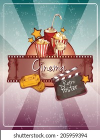 Colored cinema retro poster with popcorn drink cinema strip tickets doodle elements vector illustration