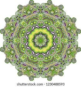 Colored circle floral ornamental border in green and yellow colors. Lace pattern design. Hand drawn decorative background. Ornamental border frame. Can be used for banner, web design, wedding cards. 