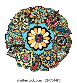 Colored circle flower ornament, ornamental round lace design. Floral mandala. Hand drawn ink pattern made by trace from personal sketch.