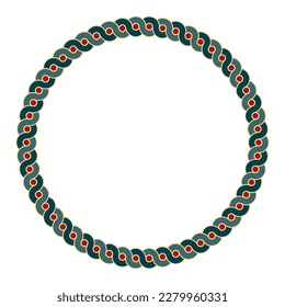 Colored circle frame with intertwined wave pattern. Two bold serpentine lines forming a circular border with red dots between the overlapping waves. Ancient greek pottery motif. Isolated illustration.