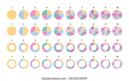 Colección de gráficos de círculo coloreado. Plantilla de diagrama circular de segmentos multicolor. Estructura circular. Establecer esquemas con sectores. Piechart con sección y rodajas. Ilustración del vector