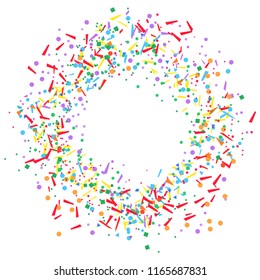 Colored circle pattern with geometric elements on white. Holiday background with confetti. Texture from glitters. Festive frame. Print for banners, posters, t-shirts and textiles. Greeting cards