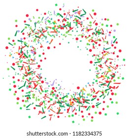 Colored circle pattern with geometric elements on white. Holiday background with confetti. Texture from glitters. Festive frame. Print for banners, posters, t-shirts and textiles. Greeting cards