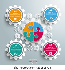 Colored circle puzzle with gears infogrpahic on the grey background. Eps 10 vector file.