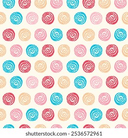 Colored circle swirl seamless pattern. Hand drawn dots background. Chalk Crayon Pencil drawings. Spotted pattern for packaging wrap cover wallpaper textile print