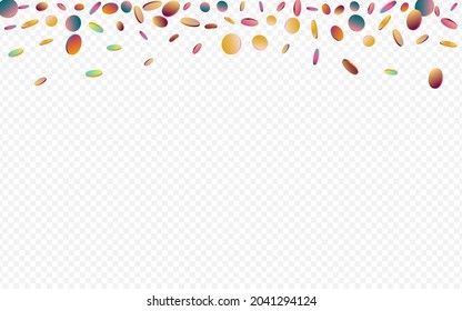Colored Circle Top Transparent Background. Multicolored Celebrate Polka Pattern. Flying Banner. Hologram Celebration Texture.