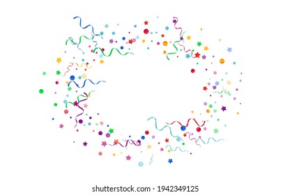 Colored Circles Abstract Vector White Background. Isolated Ribbon Illustration. Streamer Fun Template. Multi colored Party Invitation.