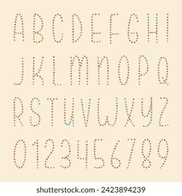 Colored circles alphabet characters. Set of  letters  and numbers isolated on beige  background. Vector illustration.