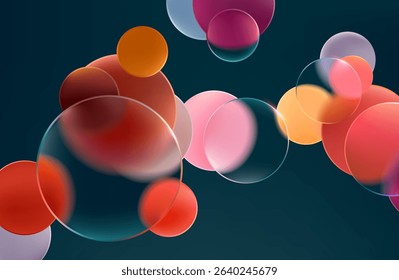 Colored circles and balls. Art geometric shapes in liquid glass style. Abstract vector background.