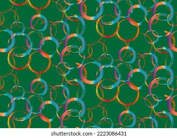 Colored circles. Brush texture. Green background. Seamless pattern. African print fabric, tribal ethnic pattern motifs. Afro textile fashion style. Pareo wrap dress, carpet batik background