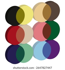 Colored circles collection. Round shape palette. Vector geometric elements. Overlapping disc pattern.