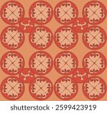 Colored circles with hearts and curls inside them in the style of Old Russian patterns.