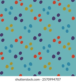 Colored circles on a blue background. Children's seamless pattern, vector background. Ideal for fabric, textile, children's bedding, wallpaper, pajamas. Scandinavian style.