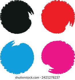 Círculos de colores pintados con un conjunto de iconos de pintura. Gradiente colorido Elemento de diseño del círculo del logotipo de grunge abstracto, Daub con un símbolo de pincel. Vector de manchas de signos, ilustración vectorial.