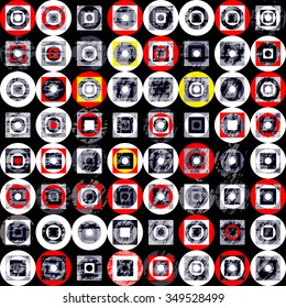 colored circles and squares on a black background seamless pattern vector illustration of grunge texture