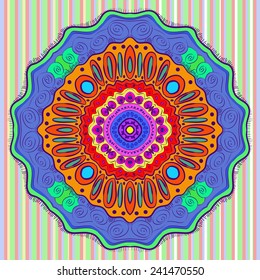 Colored circular arabesque on a  light striped  background. Hand drawn.
