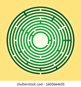 Colored circular maze. Green radial labyrinth over yellow background. Find a route to the centre, follow the path from the entrance to the goal. Illustration. Vector.