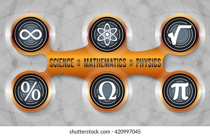 Colored circular object and six physics icons