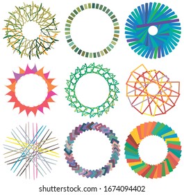 Colored circular and radial abstract mandalas, motifs, decoration design elements. Generative geometric and abstract art shapes