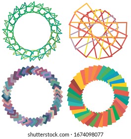 Colored circular and radial abstract mandalas, motifs, decoration design elements. Generative geometric and abstract art shapes
