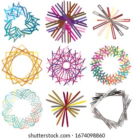Colored circular and radial abstract mandalas, motifs, decoration design elements. Generative geometric and abstract art shapes