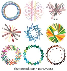 Colored circular and radial abstract mandalas, motifs, decoration design elements. Generative geometric and abstract art shapes