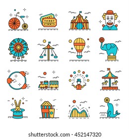 Colored circus icons set in linear style isolated on white background. Vector illustration. Includes children train, juggler, clown,  carousel, etc.