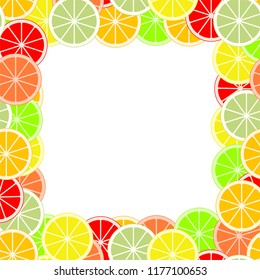 Colored citrus background of cut fresh juicy orange, lime, lemon, pomelo, tangerine, grapefruit rings on a white background. Color frame of fruit cuts.The concept of healthy fruit eat, diet meal 