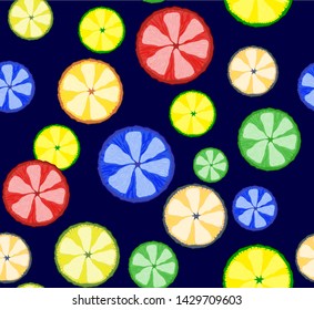 Colored citrus fruit in a cut on a blue background