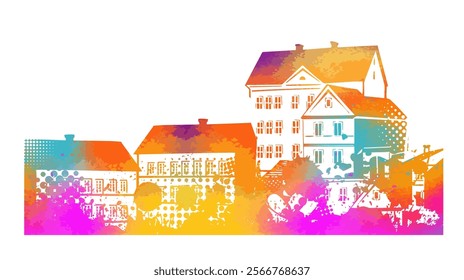 Colored city long panorama. hand drawing. Not AI. Vector illustration.