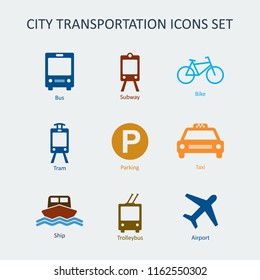 Colored City and public transportation icons set. Silhouette vector signs