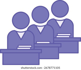 Farbiges Klassensymbol. Vektorgrafik. Studenten, die an Schreibtischen mit Büchern sitzen. Gruppe von Schulkindern in einer Lektion. Concept Teacher