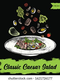 Colored Classic Caesar Salad. Vector hand-drawn illustration of chalk on a blackboard. A bowl of salad surrounded by ingredients: chicken meat, iceberg leaves, tomatoes, eggs and parmesan.