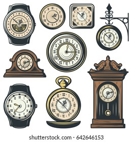 Colored classic watches collection with clocks of different shapes and forms in vintage style isolated vector illustration