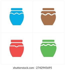 Colored clay pots with lids in blue, brown, red, green